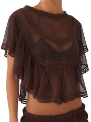 Women’s Sheer Lace Cropped Top, Ruffle Sleeve Mesh Blouse, Y2K See Through Summer Poncho, Beach Cover Up Shawl (Brown, S) : Clothing, Shoes & Jewelry
