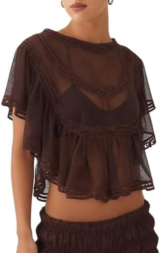 Women's Sheer Lace Cropped Top, Ruffle Sleeve Mesh Blouse, Y2K See Through Summer Poncho, Beach Cover Up Shawl (Brown, S) : Clothing, Shoes & Jewelry