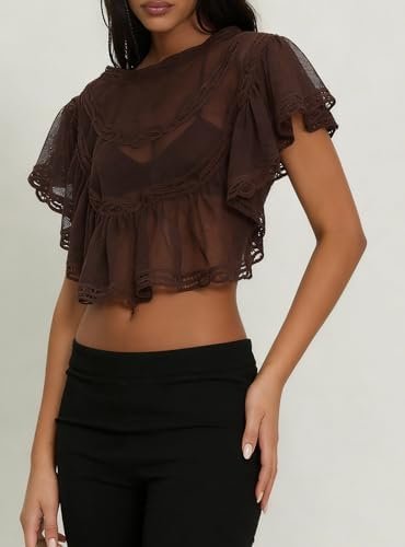 Women's Sheer Lace Cropped Top, Ruffle Sleeve Mesh Blouse, Y2K See Through Summer Poncho, Beach Cover Up Shawl (Brown, S) : Clothing, Shoes & Jewelry - Image 2