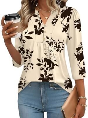 IECCP Blouses for Women Dressy Casual 3/4 Length Sleeve Womens Summer Tops Henley V-Neck T-Shirts Ladies Tunics to Wear with Leggings (Apricot Black Floral,L) at Amazon Women’s Clothing store