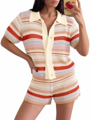 Tankaneo Womens 2 Piece Cover Up Shorts Sets Sweater Knit Color Block Summer Beach Outfits Short Sleeve Cute Matching Set at Amazon Women’s Clothing store