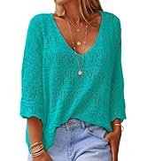 UNCLECAT Womens Crochet Boho Tops Summer 3/4 Sleeve Lightweight Cover Up Sweater Cruise Outfits 2...