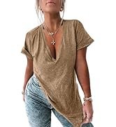 UNCLECAT Deep V Neck Short Sleeve T Shirts for Womens - Oversized Summer 2026 Side Slit Loose Tun...