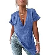 UNCLECAT Deep V Neck Short Sleeve T Shirts for Womens - Oversized Summer 2026 Side Slit Loose Tun...